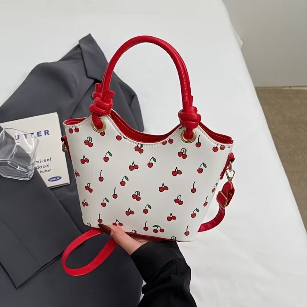 Small Cherry Print Top Handle Crossbody Bag Red & White Structured Purse NWT - Picture 3 of 7